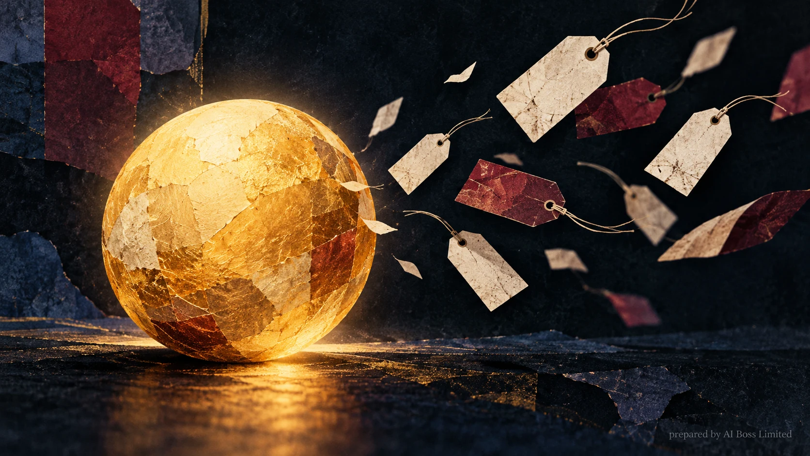 A glowing amber sphere remains whole as blank paper price tags drift beside it in an abstract film-grain collage.