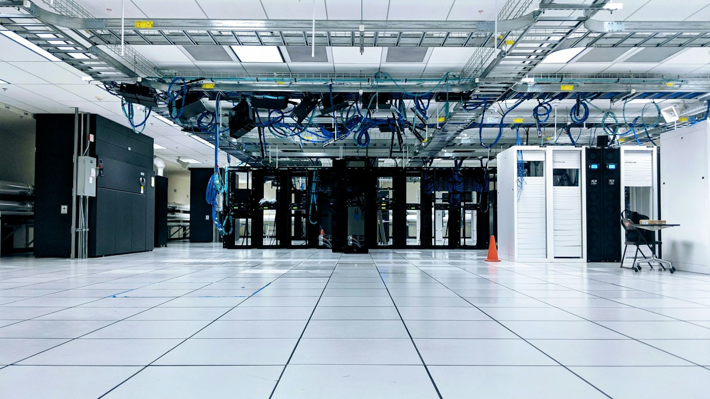 Server cabinets and overhead network cabling in a data centre