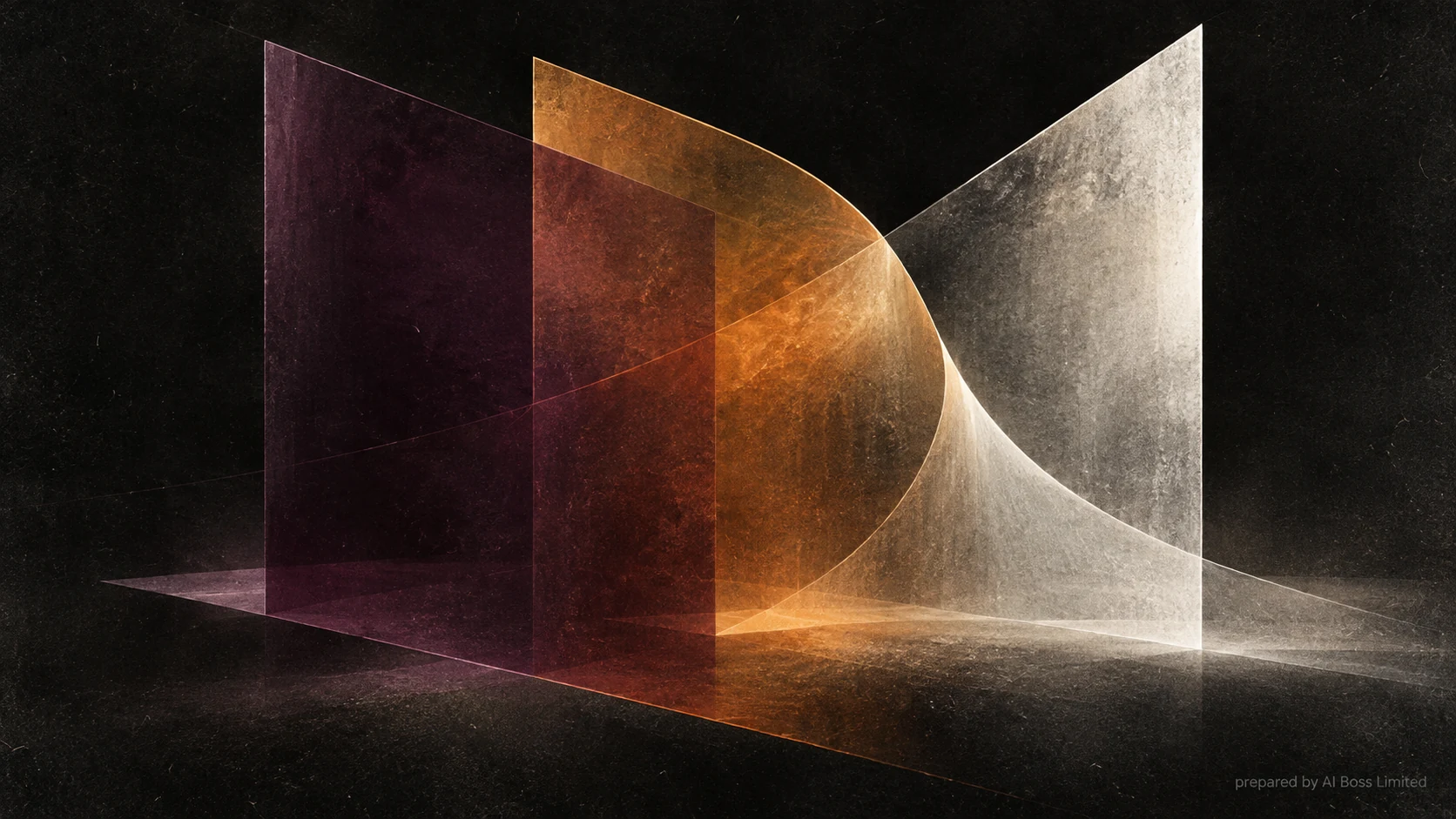 Three translucent forms overlap in an abstract film-grain illustration of competing perspectives on AI.