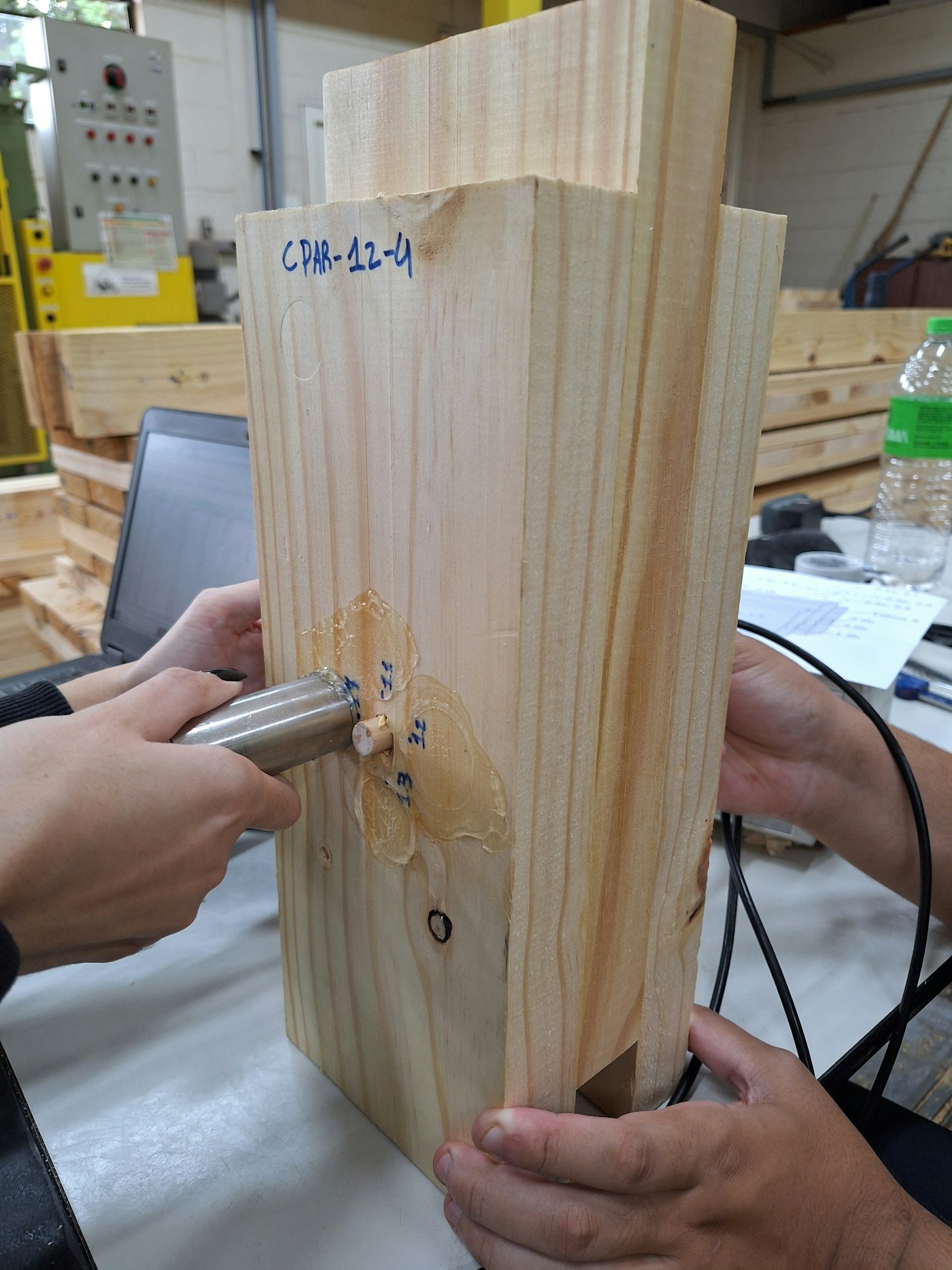 Hands hold an ultrasonic probe against an upright wood specimen on a laboratory bench